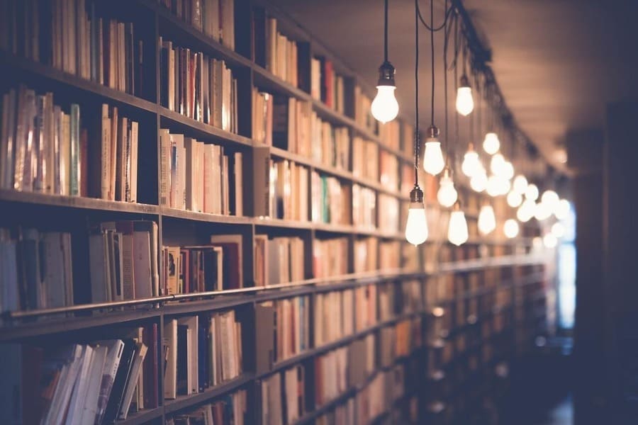 bookshelf filled with books and lights hanging nearby